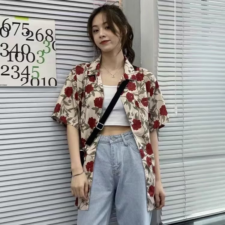 Áo Sơ Mi Tay Ngắn In Họa Tiết Hoa Hồng Phong Cách Nhật Bản Thời Trang Mùa Hè Cho Nữ