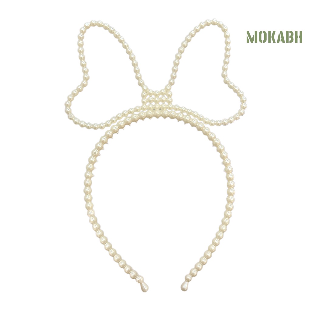 Băng Đô Hình Nơ Đính Ngọc Trai Giả Màu Trơn Co Giãn Dành Cho Nữ