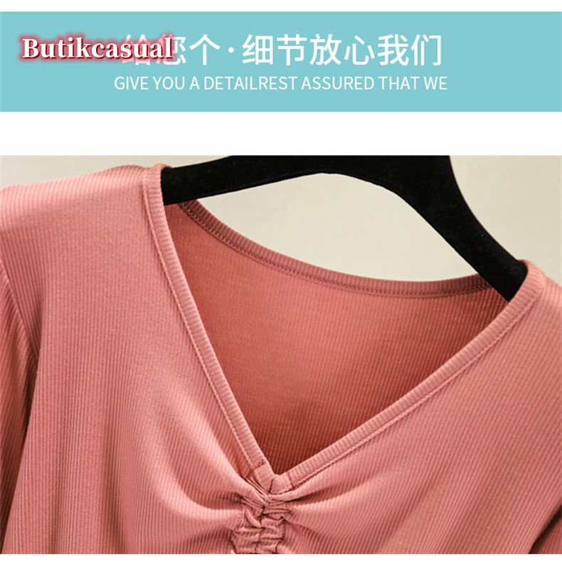 Áo Thun cotton Tay Dài Cổ Chữ v Dáng Rộng Màu Trơn Thời Trang Mùa Hè 2023 Cho Nữ