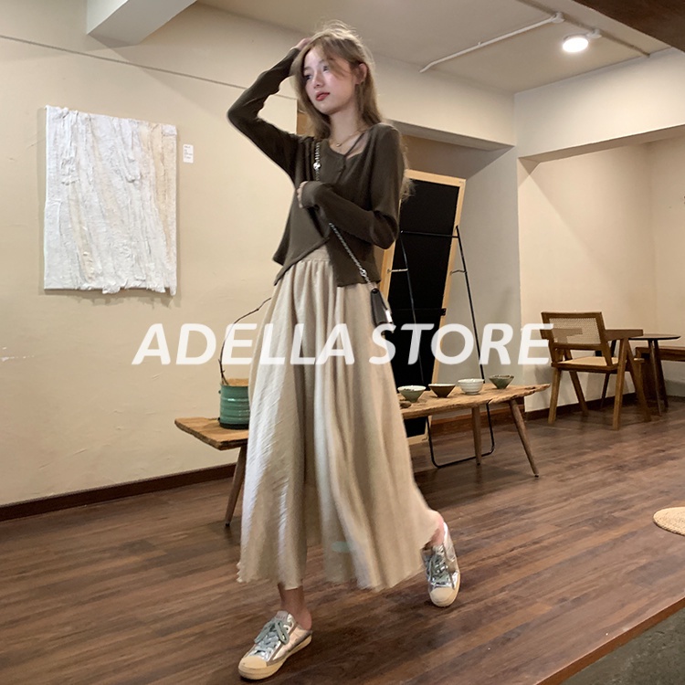 Adella Store Chân Váy Xếp li dáng dài qua bắp chân Ly Dáng Dài Phủ 2 Lớp Siêu Đẹp Màu  A23M0DM 0518