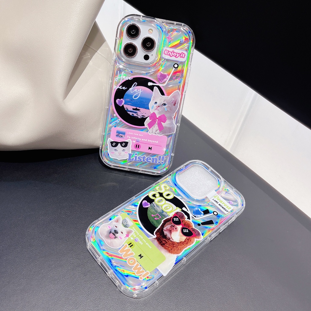 Ốp Điện Thoại TPU Dẻo Màu Laser Họa Tiết Chó Mèo Dễ Thương Chống Rơi Cho iPhone 12 13 14 Pro Max