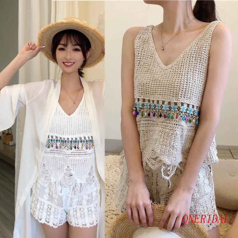 Áo Croptop Dệt Kim Không Tay Cổ Chữ V Viền Tua Rua Xỏ Hạt Phong Cách Boho Dành Cho Nữ