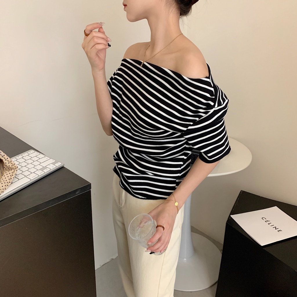 Áo Thun Tay Ngắn Kẻ Sọc Một Đường Kẻ Ôm Dáng Vừa Vặn Mùa Hè Hàn Quốc Cho Nữ