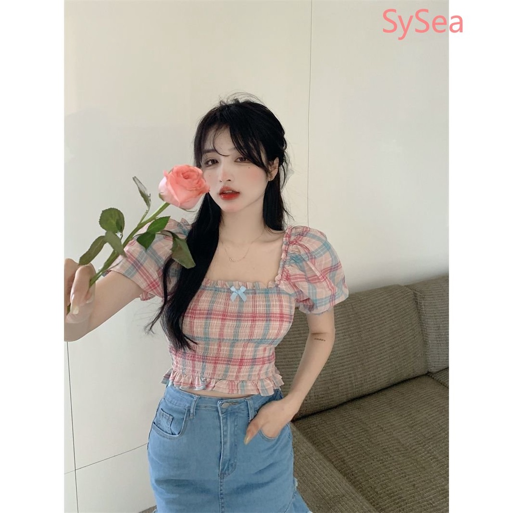 Áo Kiểu Tay Phồng Họa Tiết Sọc Caro Phong Cách Pháp