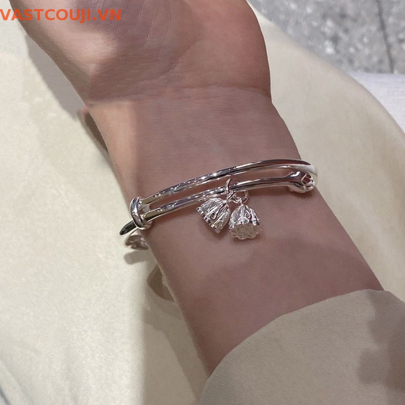 Vòng Tay Chuỗi Hạt Màu Bạc Mặt Hoa Sen Phong Cách Vintage Cho Nữ