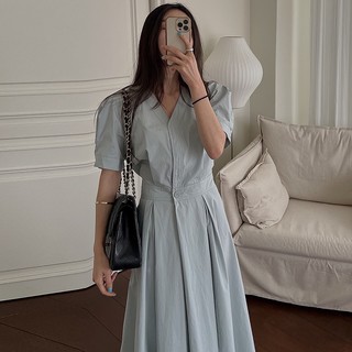 Đầm Tay Phồng Dài Cổ Chữ V Thiết Kế Một Hàng Nút Thời Trang Hàn Quốc