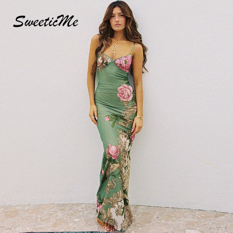 Đầm Dài Cổ Chữ V Dáng Ôm In Họa Tiết Thời Trang 2023 Quyến Rũ Cho Nữ