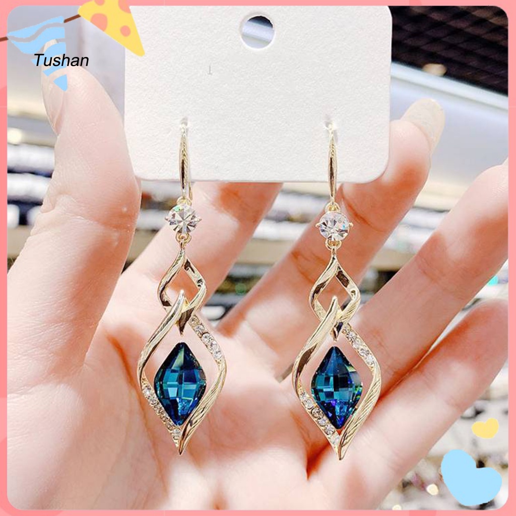 1 Đôi Bông Tai Treo Hình Thoi Đính Pha Lê Lấp Lánh Dành Cho Nữ