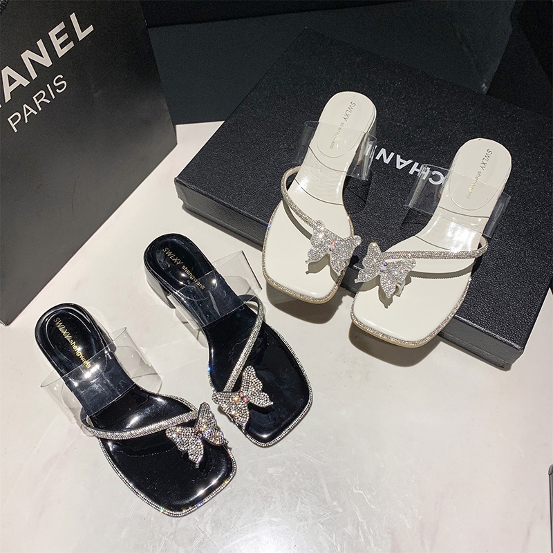 Dép Đế Vuông Quai Ngang Trong Suốt Đính Nơ Thoải Mái Dễ Phối Đồ Thời Trang Cho Nữ