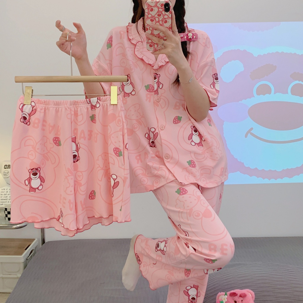 Bộ Đồ Ngủ Ba Món Bằng Vải Cotton Tay Ngắn In Hình Gấu Dâu Tây Thoải Mái Thời Trang Mùa Hè Mới Dành Cho Bạn Nữ