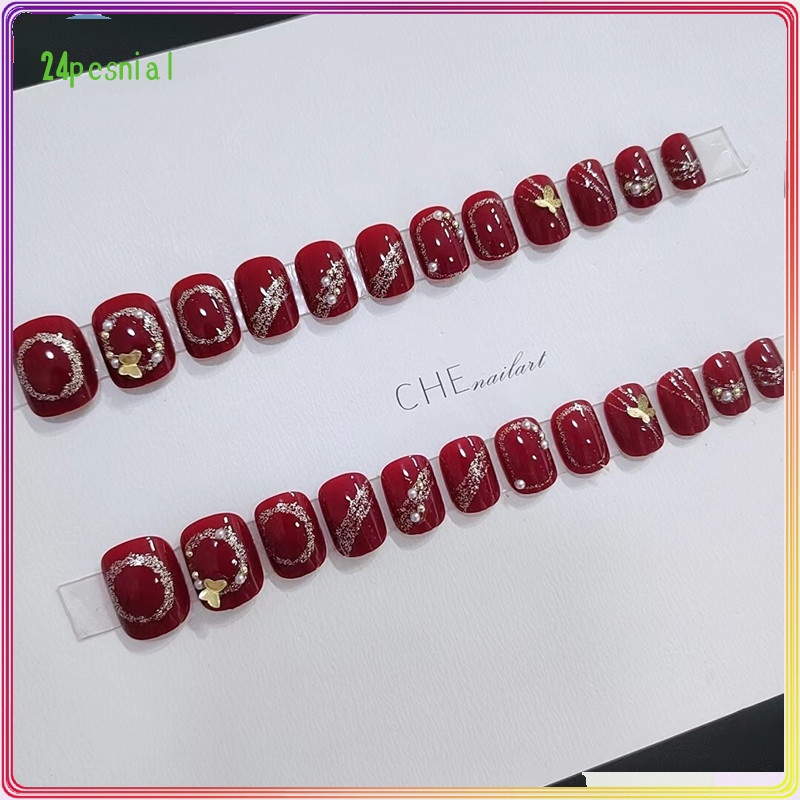 Móng Tay Giả Ngắn Màu Đỏ Hình Bướm Trang Trí Năm Mới B560