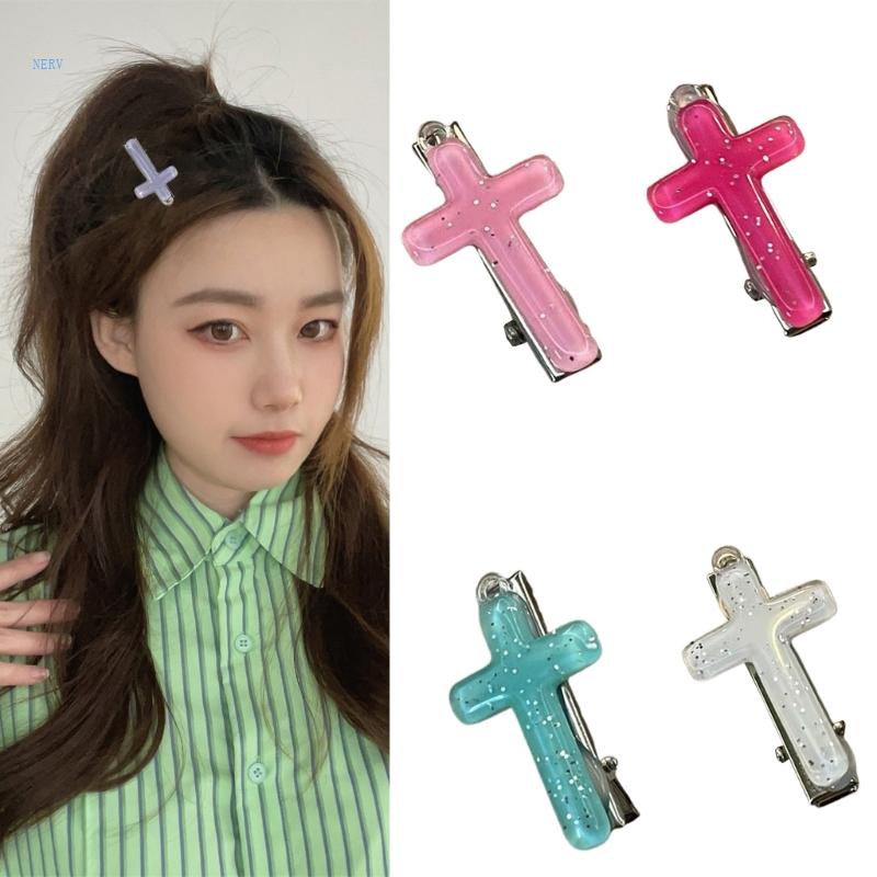 Kẹp Tóc Mỏ Vịt Bằng Kim Loại Lấp Lánh Hình Chữ Thập Y2K
