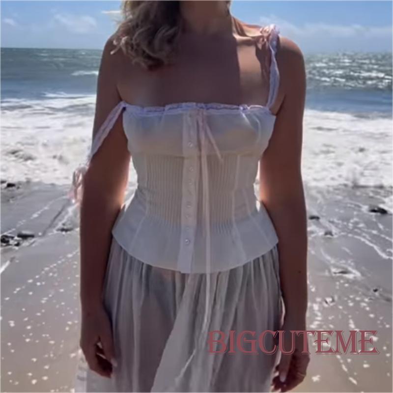 [] - Áo Crop Top Hai Dây Không Tay Buộc Dây Phối Ren Hở Lưng Cài Nút Thời Trang Mùa Hè Đường Phố Cho Nữ