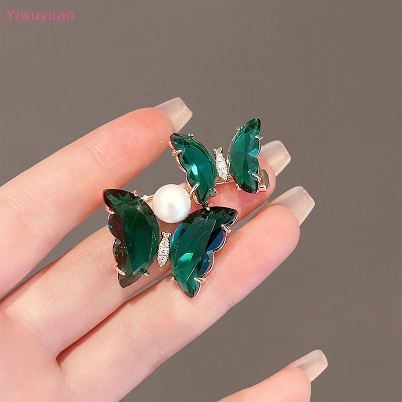 < Yiwuyuan > Trâm Cài Áo Hình Bướm Đôi Pha Lê Xanh Lá Thời Trang Phụ Kiện Hóa Trang Dành Cho