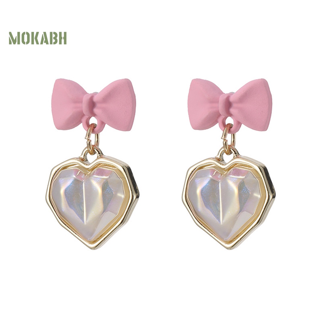 1 Đôi Bông Tai Hình Trái Tim Nơ Đính Ngọc Trai Nhân Tạo Lấp Lánh Sang Trọng