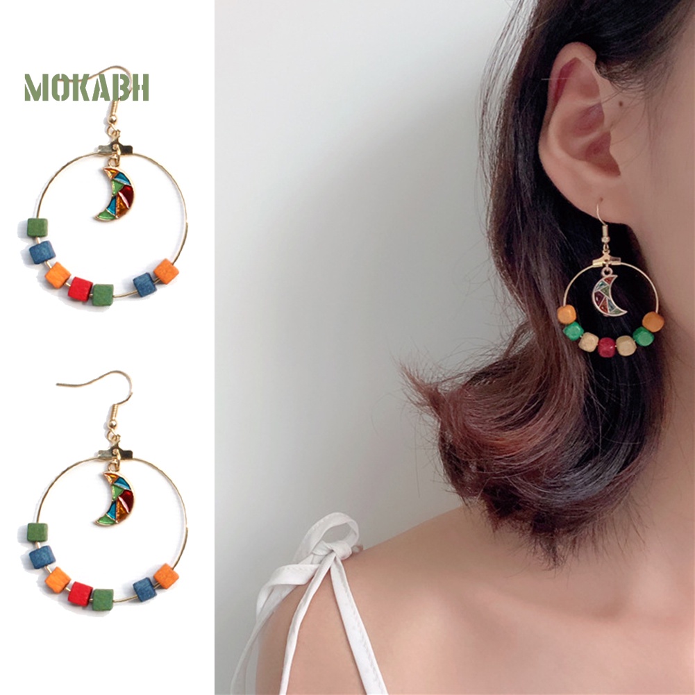 Bông Tai Hình Tròn / Mặt Trăng Bằng Gỗ Thời Trang Dự Tiệc Cho Nữ