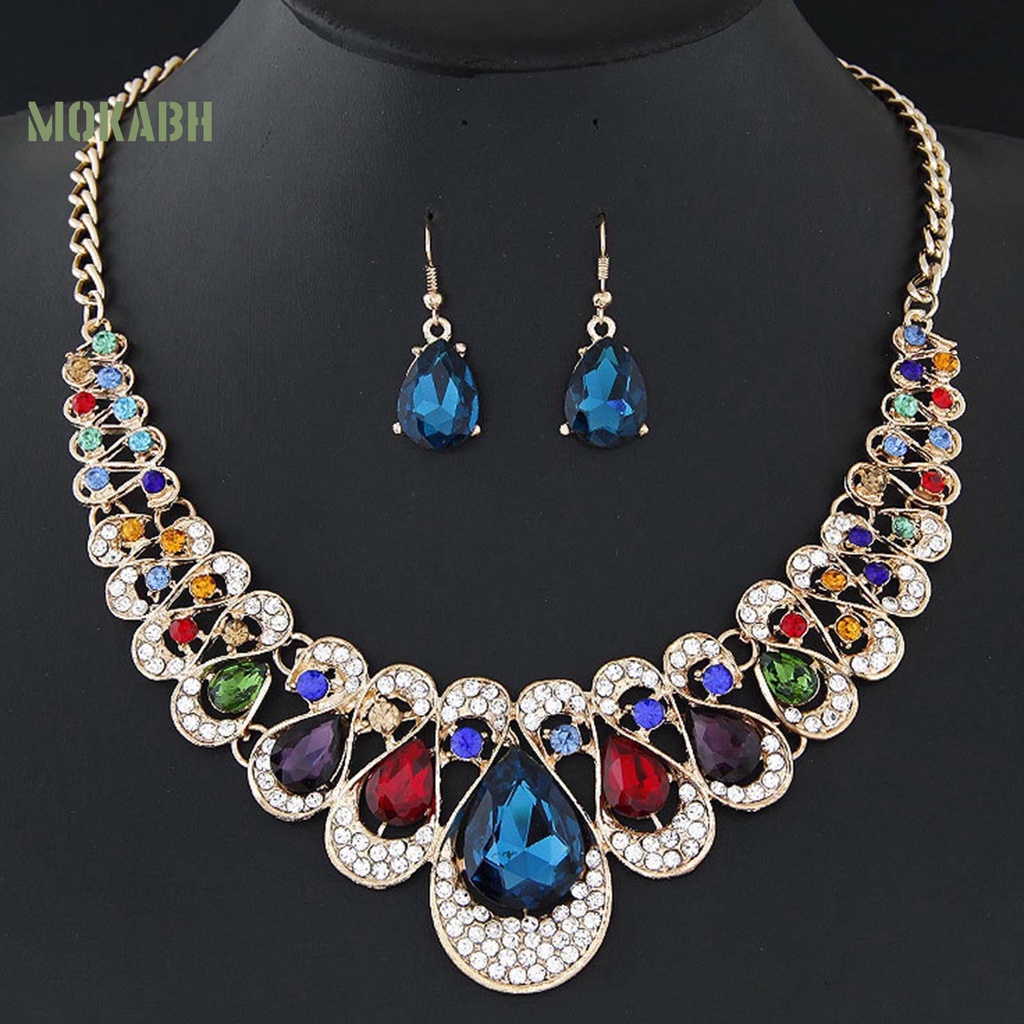 Set 2 Vòng cổ / Bông Tai Hình Giọt Nước Đính Đá Nhiều Màu Thời Trang