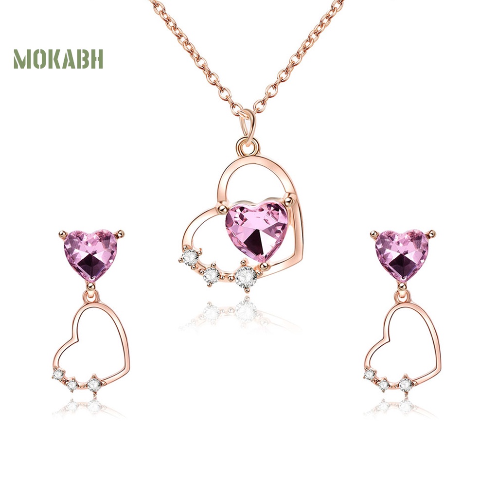 1 Set Vòng cổ Và Bông Tai Mặt Trái Tim Đính Đá Thời Trang