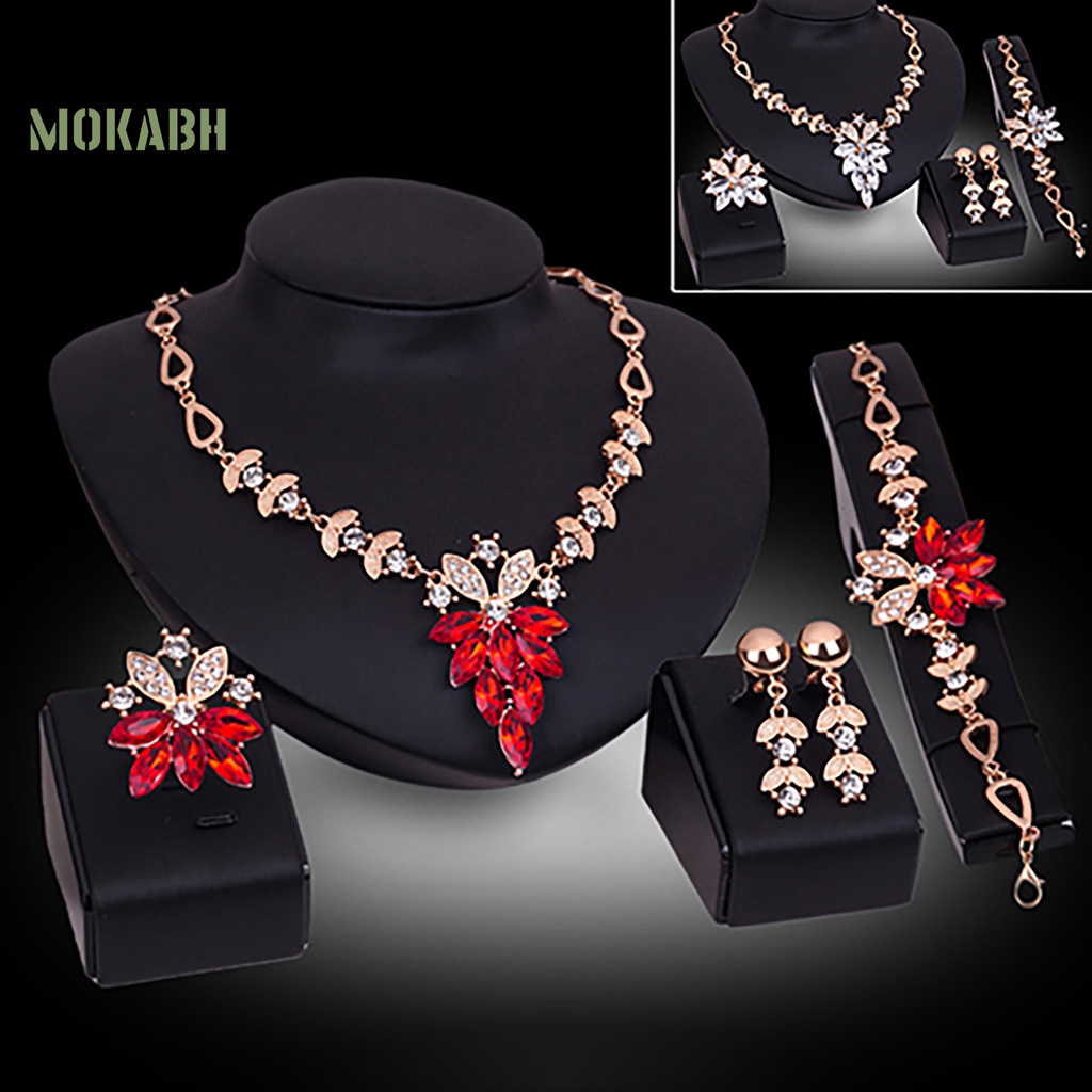 Set 4 Món Trang Sức Gồm Vòng cổ / Bông Tai / Nhẫn Hình Hoa Siêu Bền