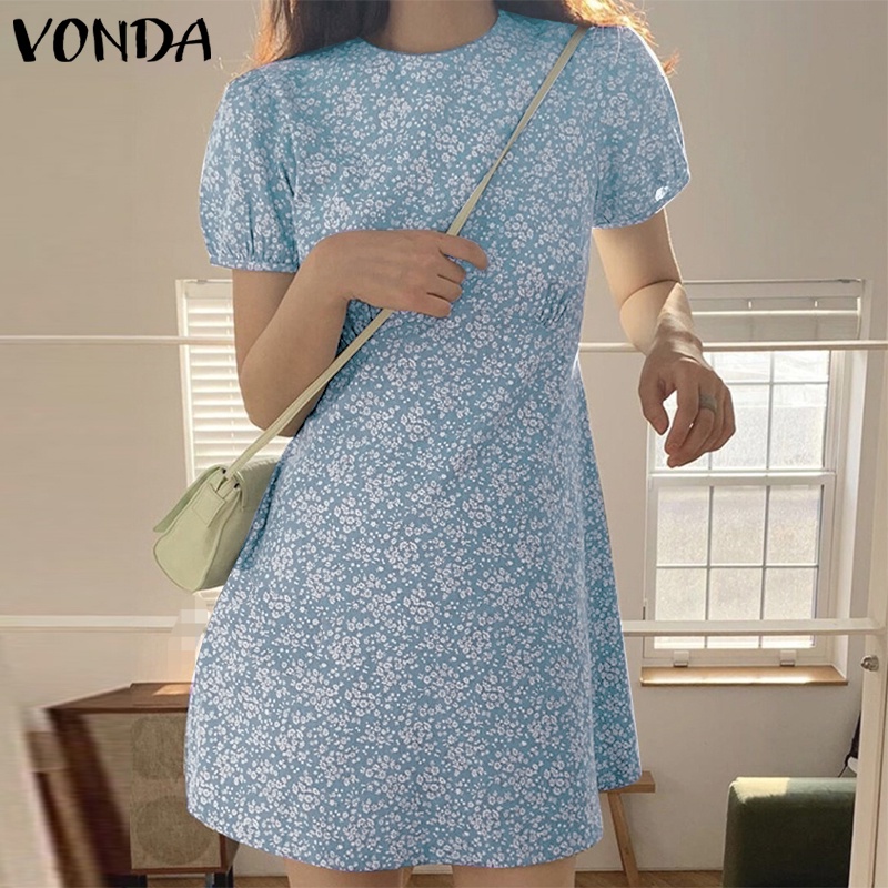 Đầm VONDA cổ tròn tay phồng in họa tiết hoa phong cách Hàn Quốc thời trang cho nữ