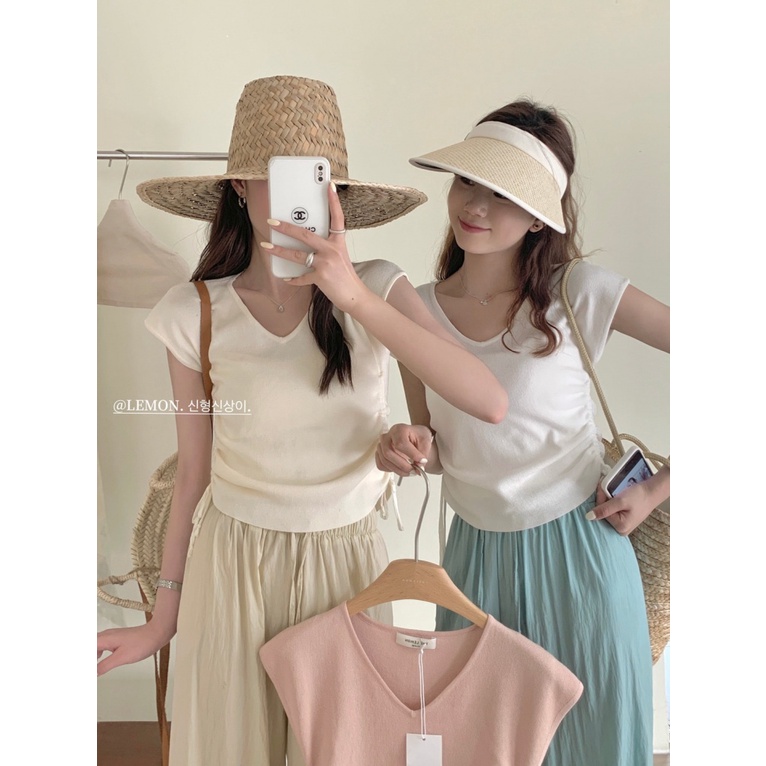 Áo Thun Tay Ngắn Dáng Ôm Phối Dây Rút Họa Tiết Kẻ Sọc Thời Trang Mùa Hè 2023