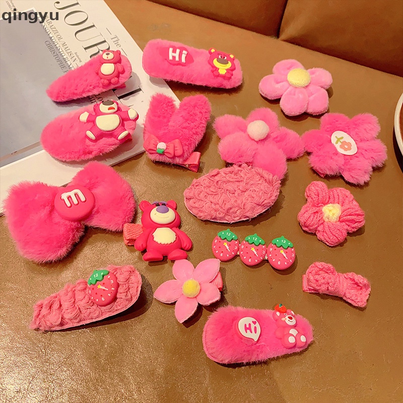 Bộ 8 / 10 Kẹp Tóc Hình Gấu / Dâu Tây Phủ Lông Xù Đáng Yêu Thời Trang Mùa Đông Dành Cho Trẻ Em