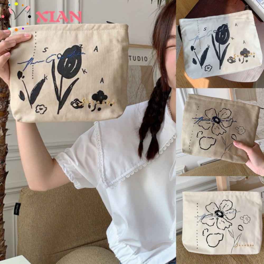 Xiantin Túi Đựng Đồ Trang Điểm Bằng Cotton Có Khóa Kéo Họa Tiết Hoa