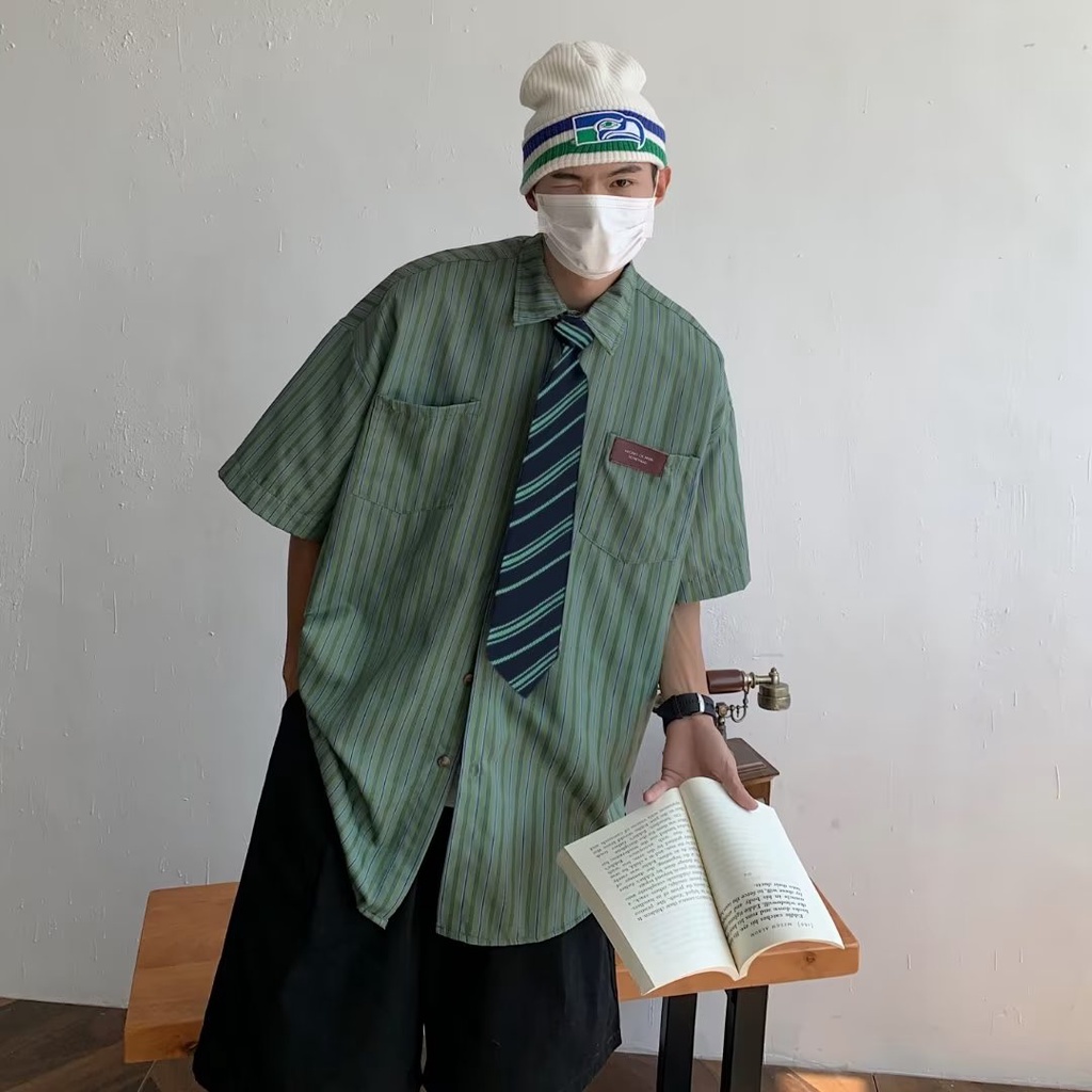 Áo Sơ Mi Tay Lửng Dáng Rộng Họa Tiết Kẻ Sọc Thời Trang Mùa Hè Cho Cặp Đôi