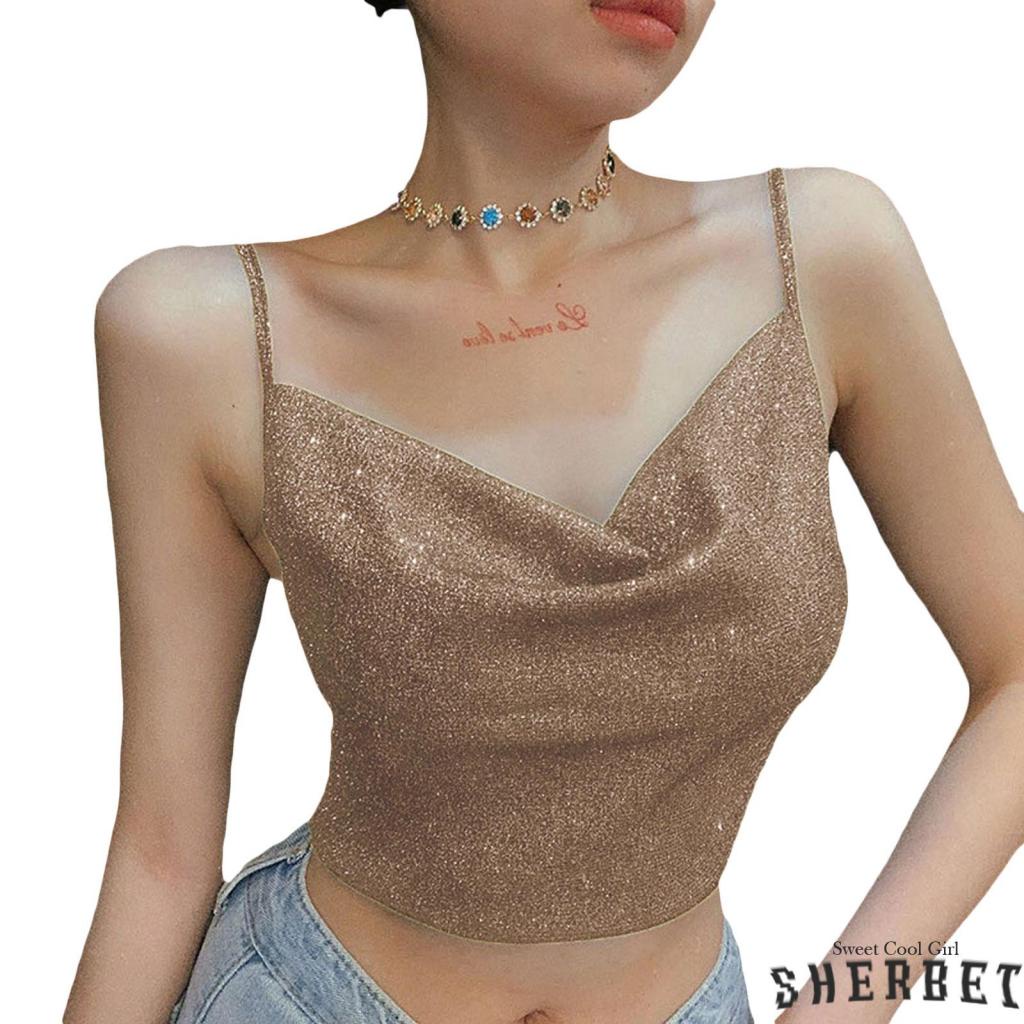 Áo Croptop Hai Dây Cổ Chữ V Khoét Sâu Màu Đen Sáng Bóng LAA8 Thời Trang Mùa Hè Cho Bạn Gái