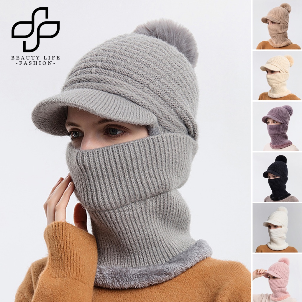 Beautylife Mũ Len Trùm Đầu Siêu Co Giãn Màu Trơn Chống Gió Giữ Ấm Tai Kèm Khăn Quấn Cổ Cho Nữ