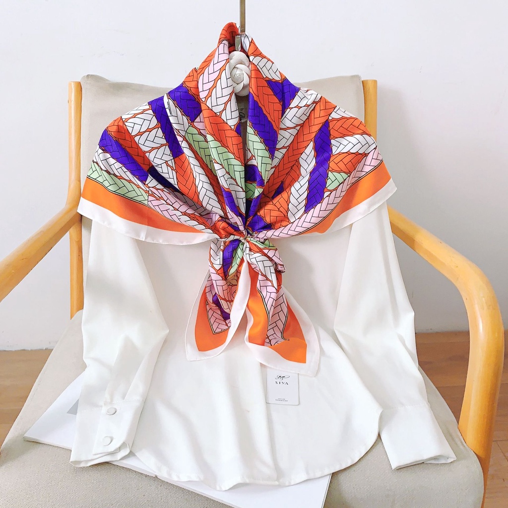 Khăn Choàng Satin Vuông 90 * 90cm Họa Tiết Màu Tương Phản Phong Cách Phương Tây