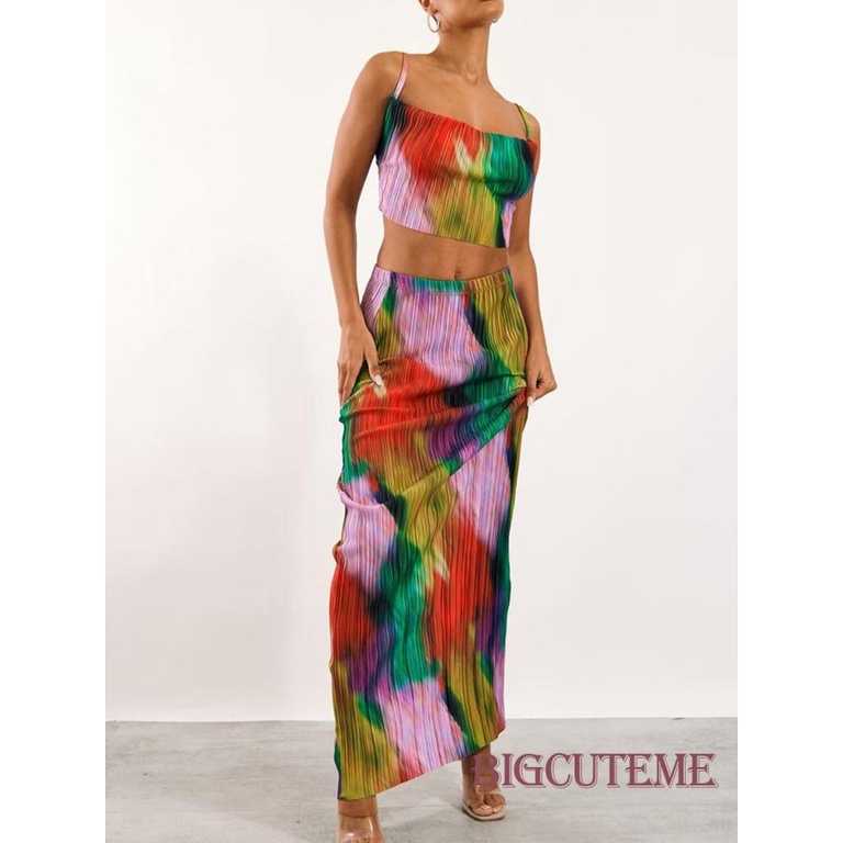 Bộ Trang Phục 2 Mảnh Gồm Áo Hai Dây Nhuộm Màu Và Chân Váy Dài Lưng Cao Thời Trang Mùa Hè Cho Nữ