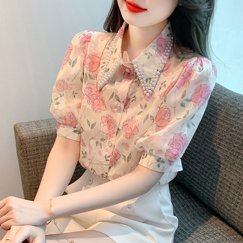 Áo Chiffon Nữ Tay Ngắn In Hoa Mùa Hè Mới