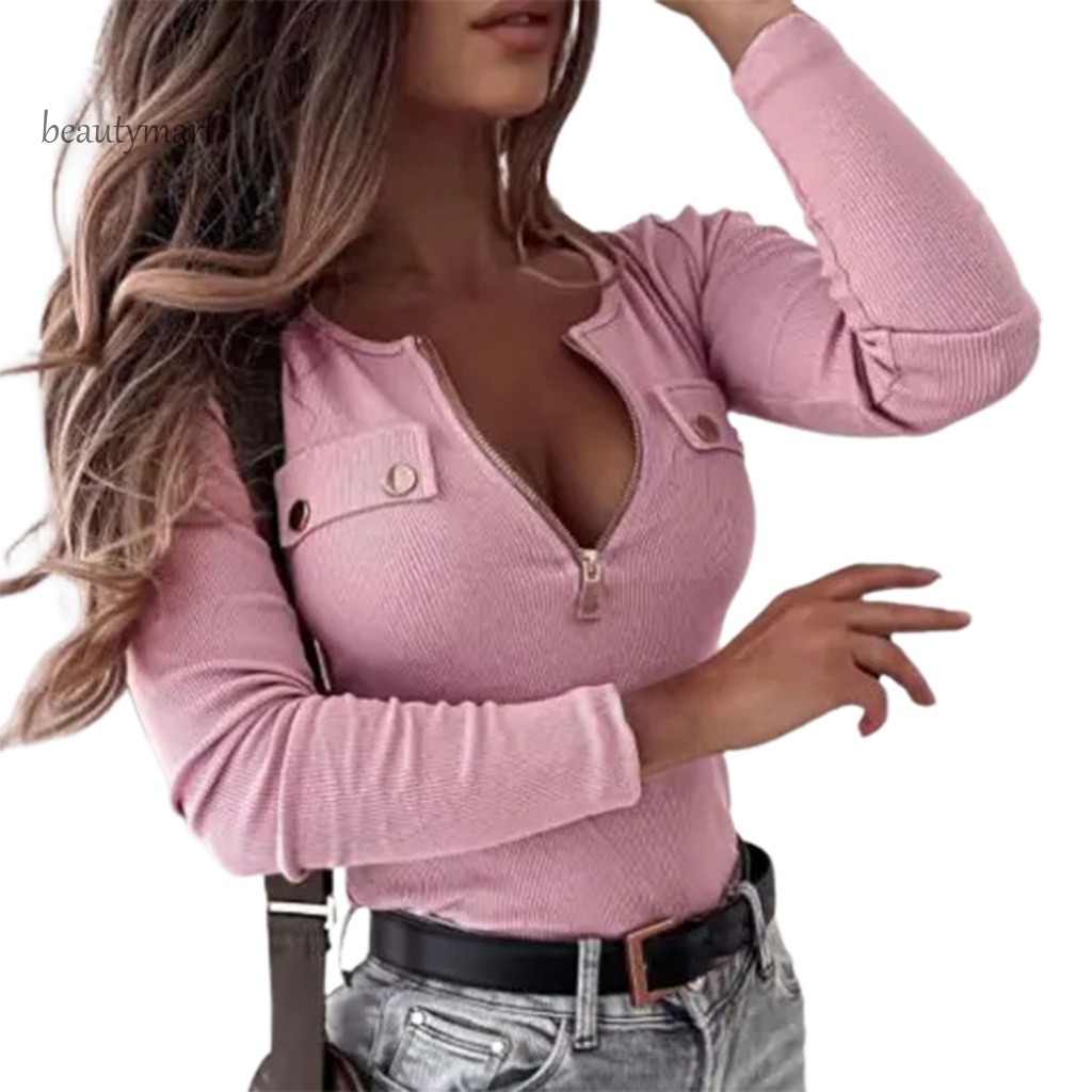 Áo Kiểu Cổ Chữ V Khoét Sâu Màu Trơn Quyến Rũ Thời Trang Mùa Thu Cho Nữ beautymartm1