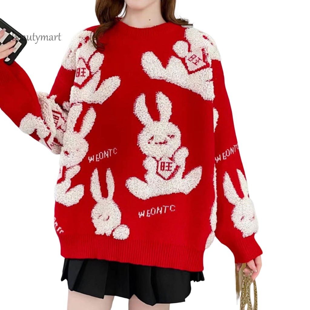 Beautymartm1 Áo Sweater Mùa Đông Chui Đầu Dáng Rộng Dày Dặn Mềm Mại In Họa Tiết Thỏ Màu Tương Phản Chống Lạnh Cho