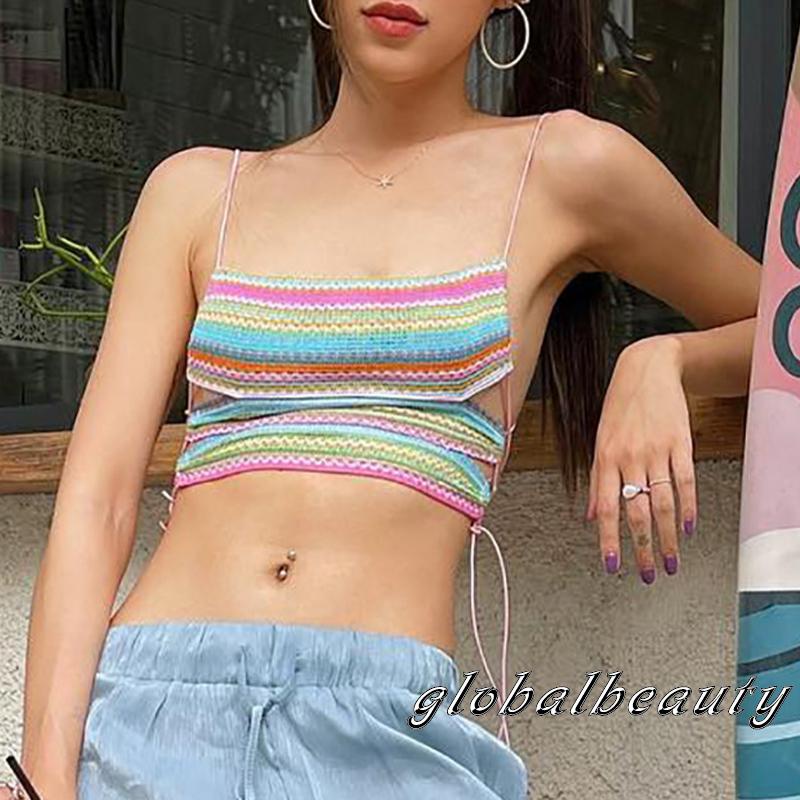 Áo Croptop Hai Dây Hở Lưng Họa Tiết Kẻ Sọc Nhiều Màu Sắc Thời Trang Mùa Hè Cho Nữ
