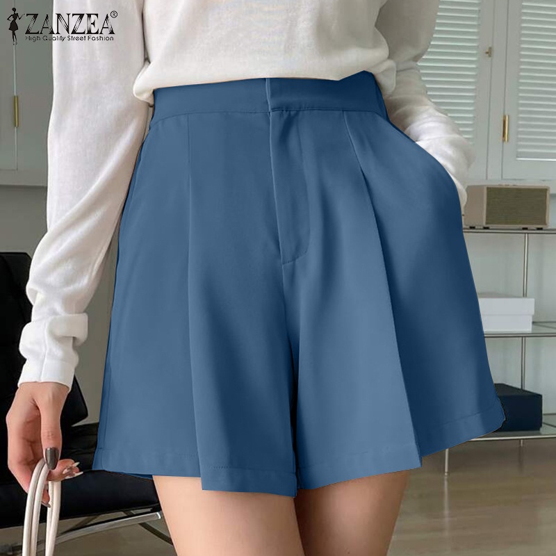 ZANZEA Quần Short Lưng Cao Xếp Ly Có Túi Bên Hông Phong Cách Hàn Quốc Đơn Giản Dễ Phối Đồ Cho Nữ