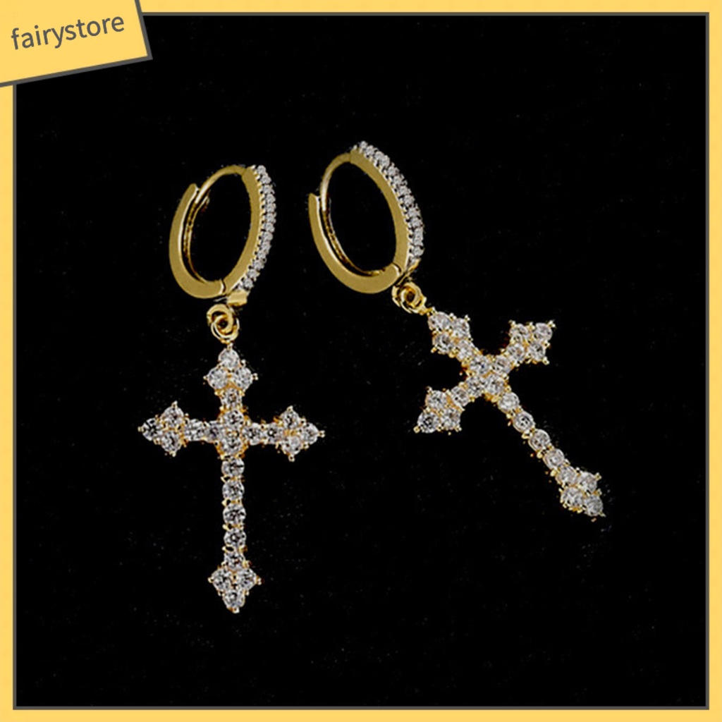 1 Đôi Bông Tai Hình Chữ Thập Lấp Lánh Phong Cách Hip Hop