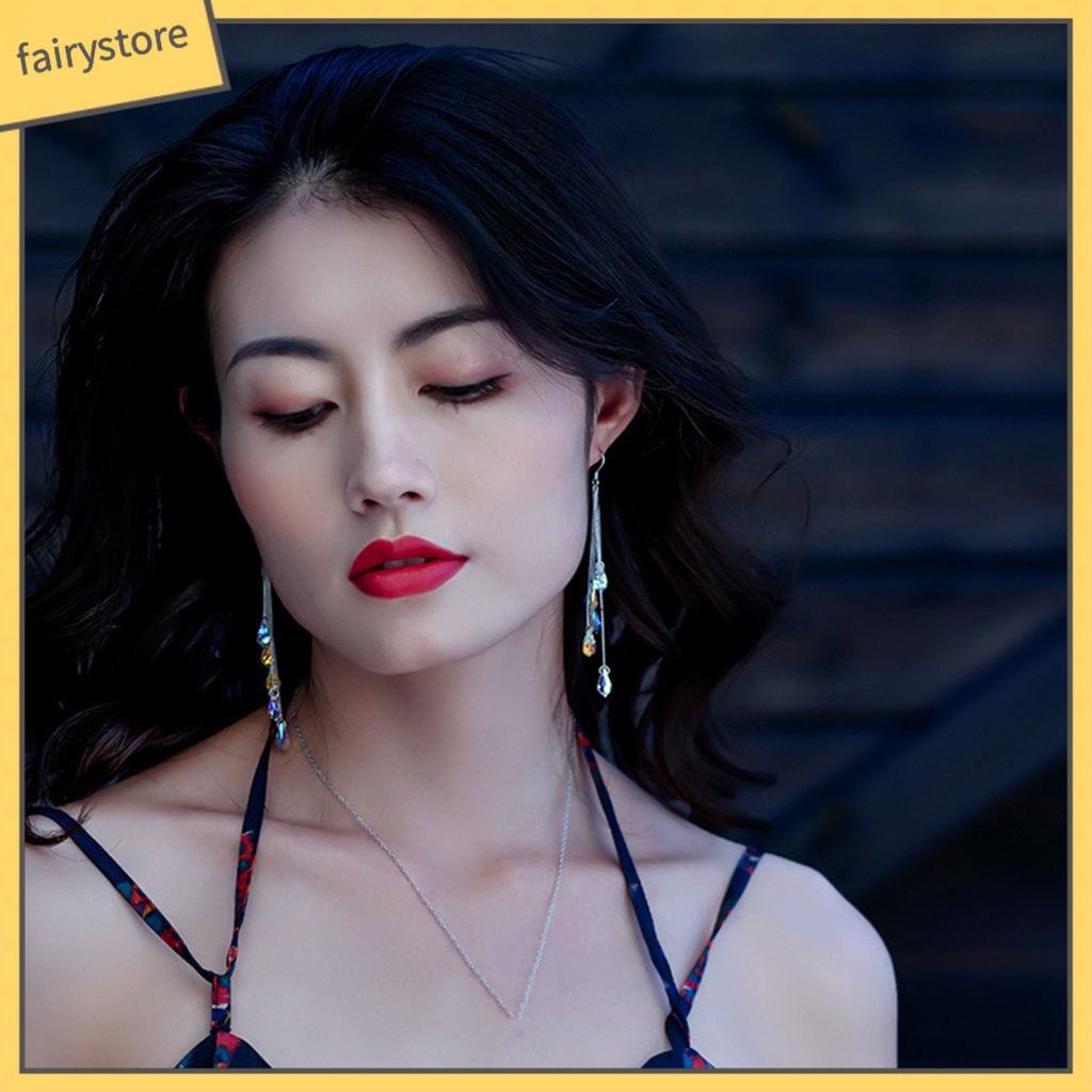 1 Đôi Bông Tai Dáng Dài Đính Pha Lê Lấp Lánh Thời Trang