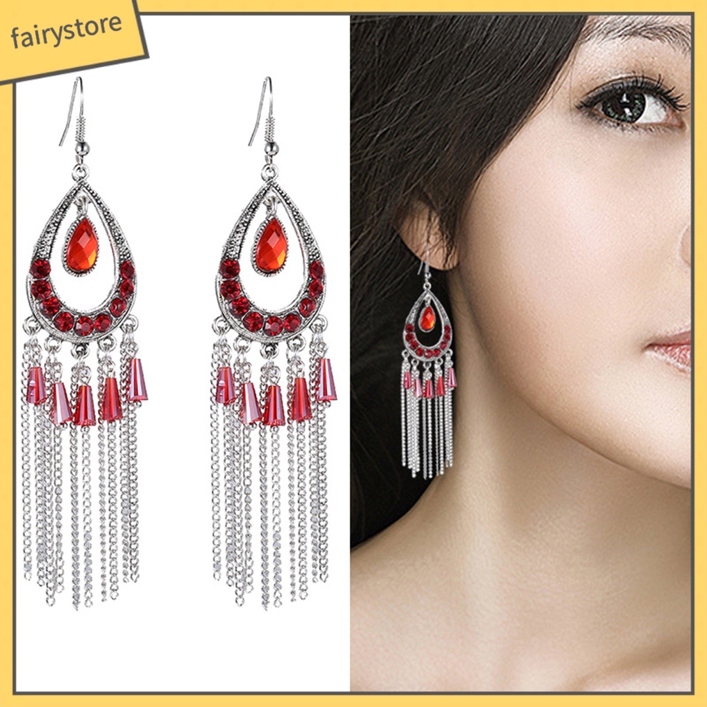 1 Đôi Bông Tai Hình Giọt Nước Đính Đá Phối Tua Rua Phong Cách Vintage