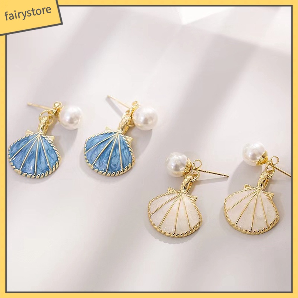 [FRO] 1 Đôi Bông Tai Vỏ Sò Hợp Kim Đính Ngọc Trai Nhân Tạo Nhẹ Nhàng Sang Trọng