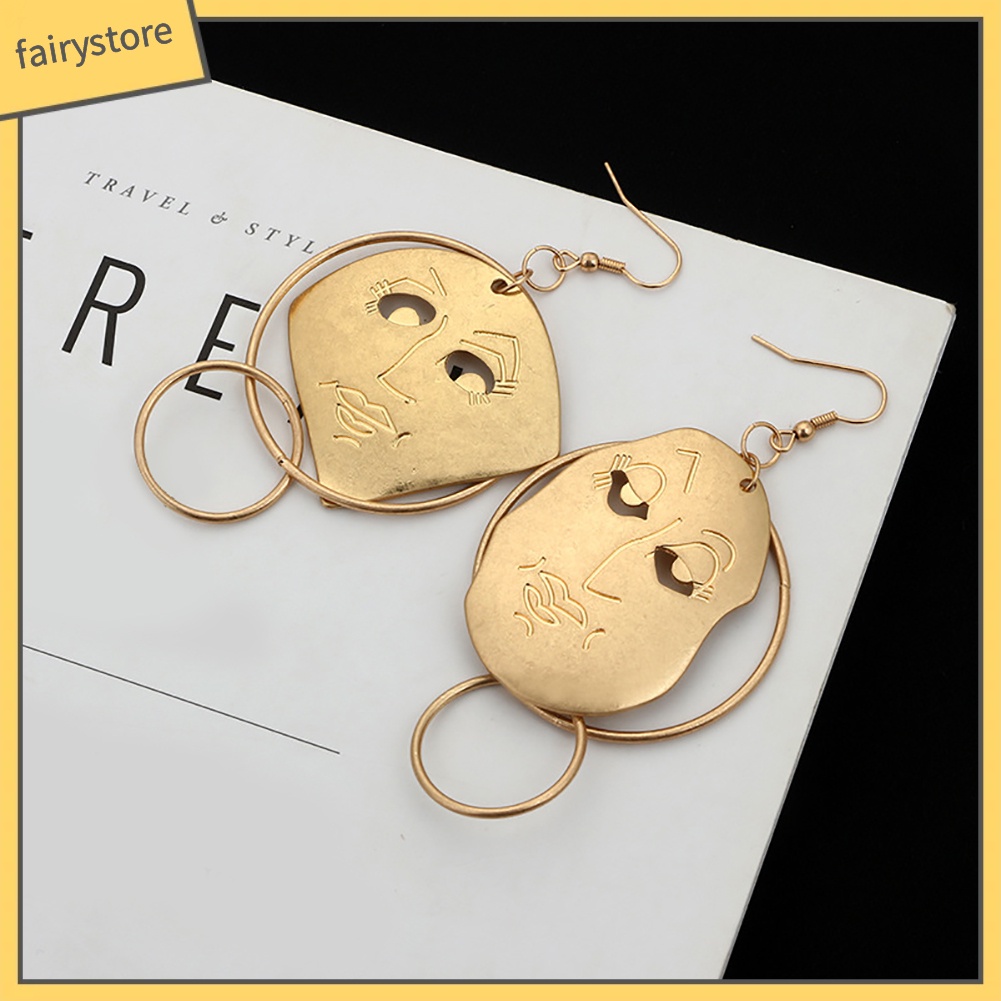 Khuyên Tai Dạng Móc Mặt Người Không Đối Xứng Chạm Khắc Thời Trang Cho Nữ