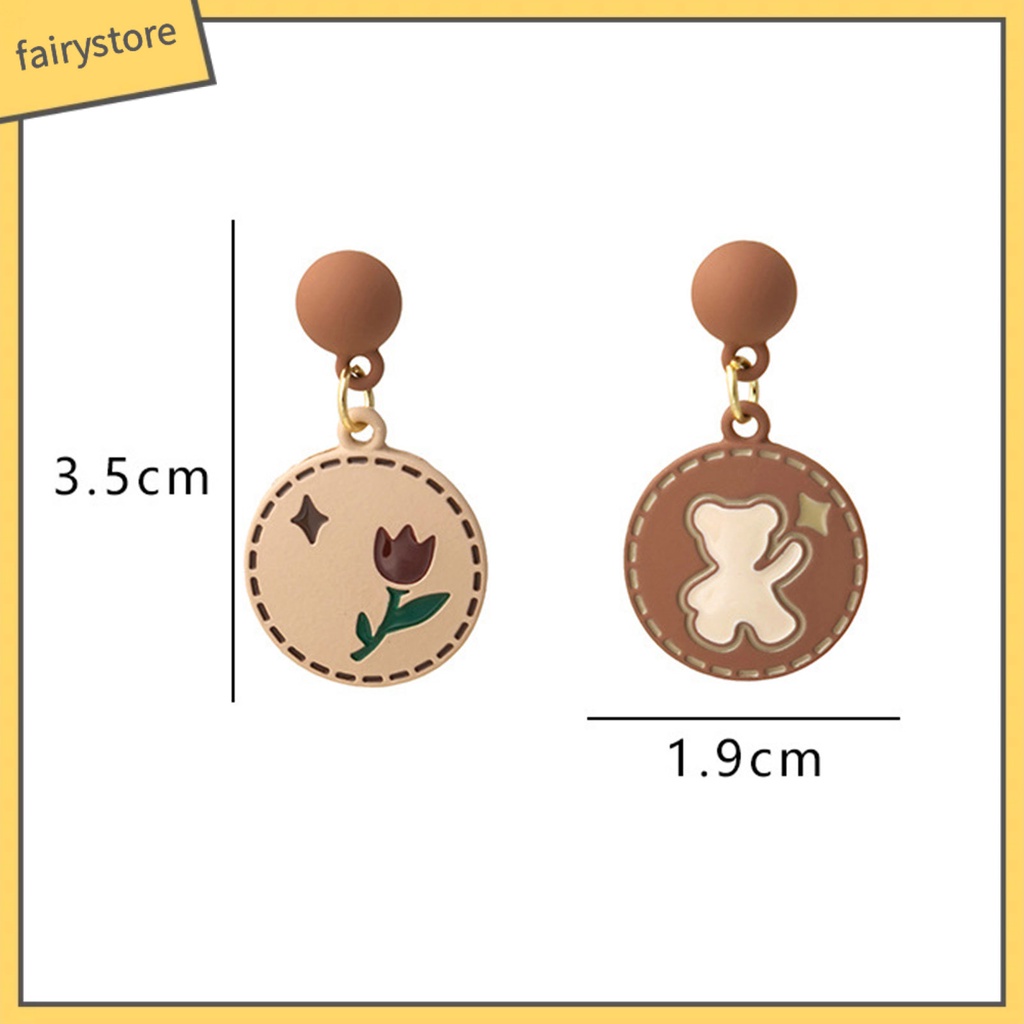 1 Đôi Bông Tai Hình Tròn Họa Tiết Hoa Hồng / Gấu Hoạt Hình Phong Cách Nhật Bản Thời Trang