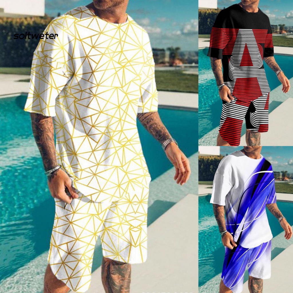 Bộ Trang Phục Thể Thao 2 Mảnh Gồm Áo Thun Tay Ngắn Cổ Tròn + Quần Short Lưng Thun In Họa Tiết 3D Thời Trang Cho Nam