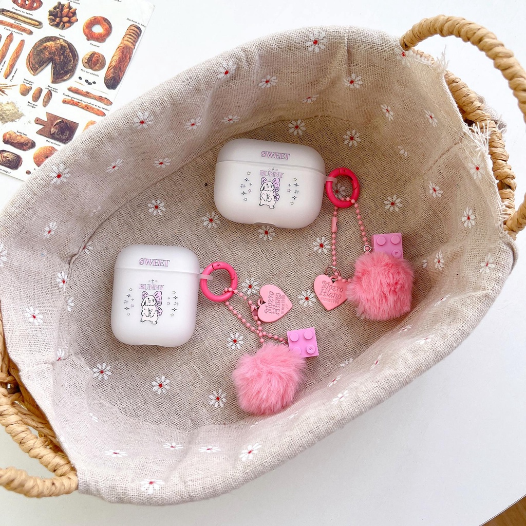 Vỏ Bảo Vệ Hộp Sạc Tai nghe không dây AirPods 1 2 3 Gen Pro2 2022 Bằng TPU Silicone Mềm Trong Suốt Hình Thỏ Phối Banh Lông Màu Hồng