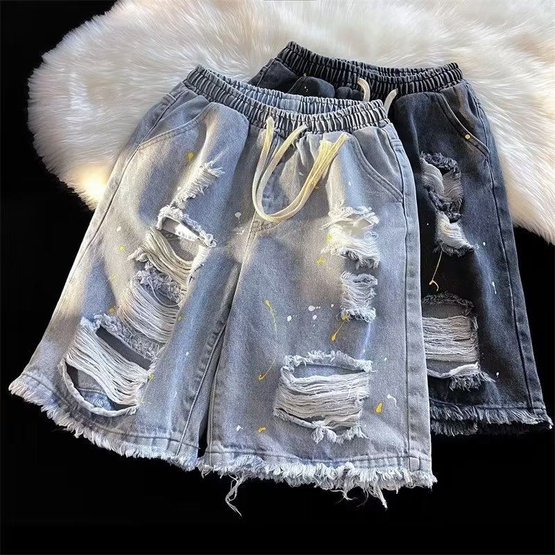 Quần Short Denim Ống Rộng Phong Cách Hip Hop Đường Phố Mỹ Cá Tính Cho Nam