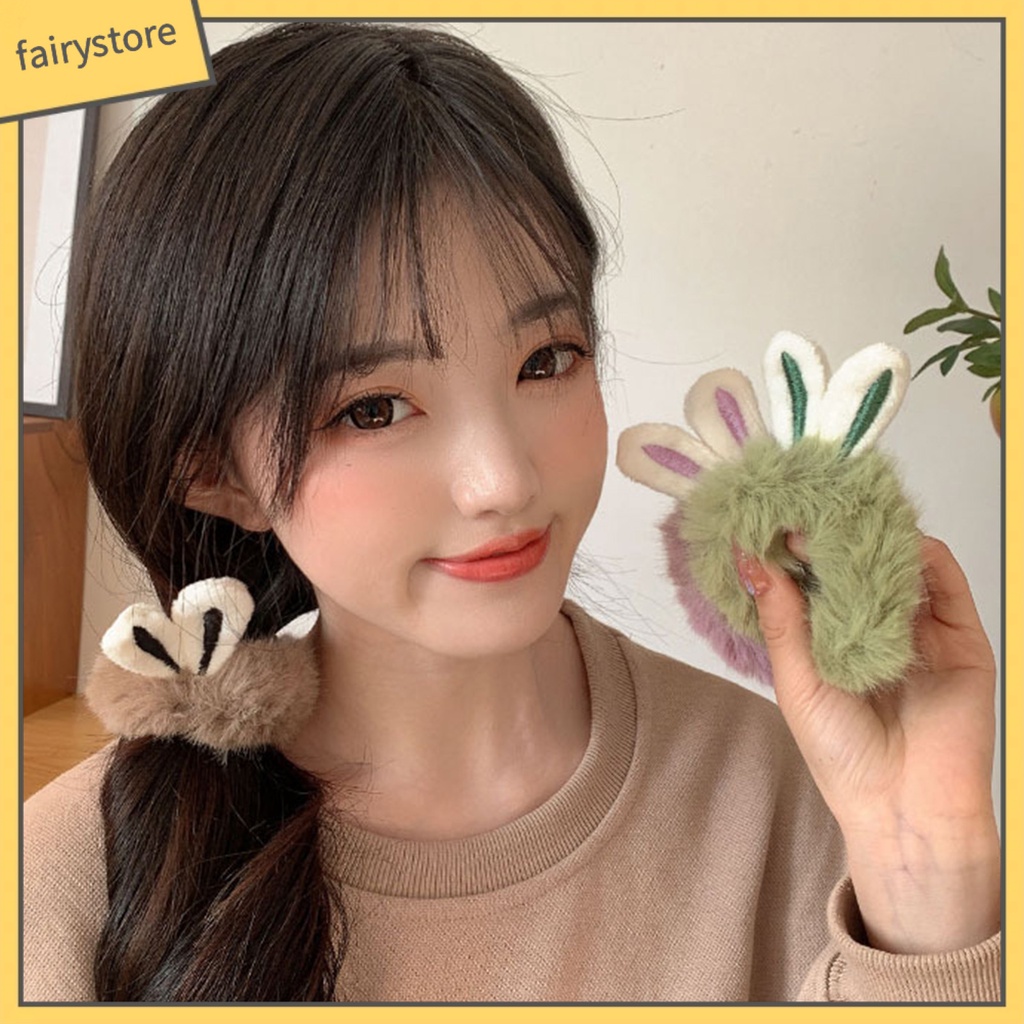 Dây Cột Tóc Tai Thỏ Lông Nhung Mềm Co Giãn Cao Chống Trượt Màu Kẹo Ngọt