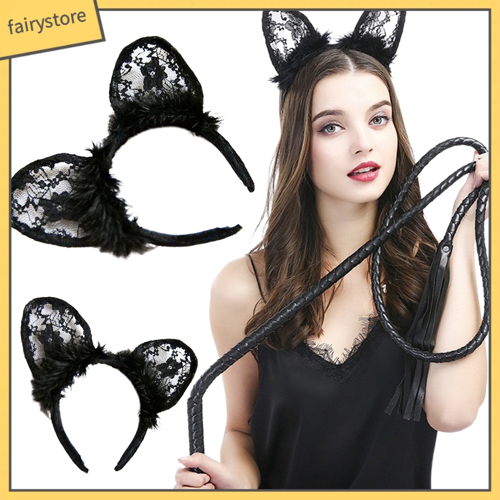 Băng Đô Cài Tóc Hình Tai Mèo Đen Phối Ren Đính Lông Vũ Chống Trượt Trang Trí Tóc