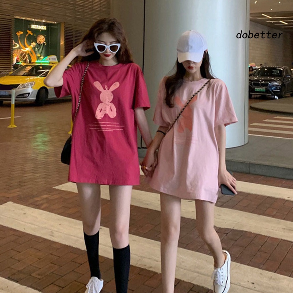 Áo Thun Nữ Cổ Tròn Dáng Rộng In Họa Tiết Hoạt Hình Phối Màu Tương Phản Thời Trang Mùa Hè