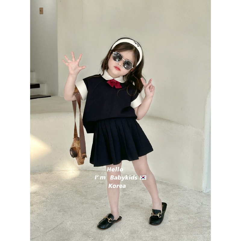 Bộ Áo Sơ Mi Cotton Cổ Búp Bê + Chân Váy Xếp Ly Đính Nơ Phong Cách Hàn Quốc Cho Bé Gái